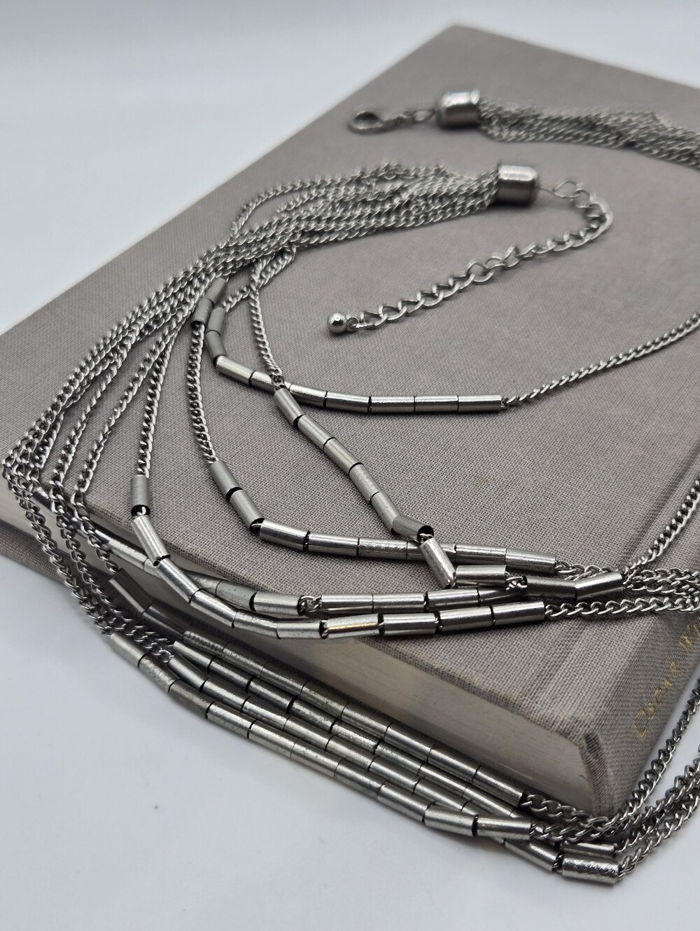 Chunky Long Multi-Strand Chain Necklace Silver Tube Beads 20" Statement Boho